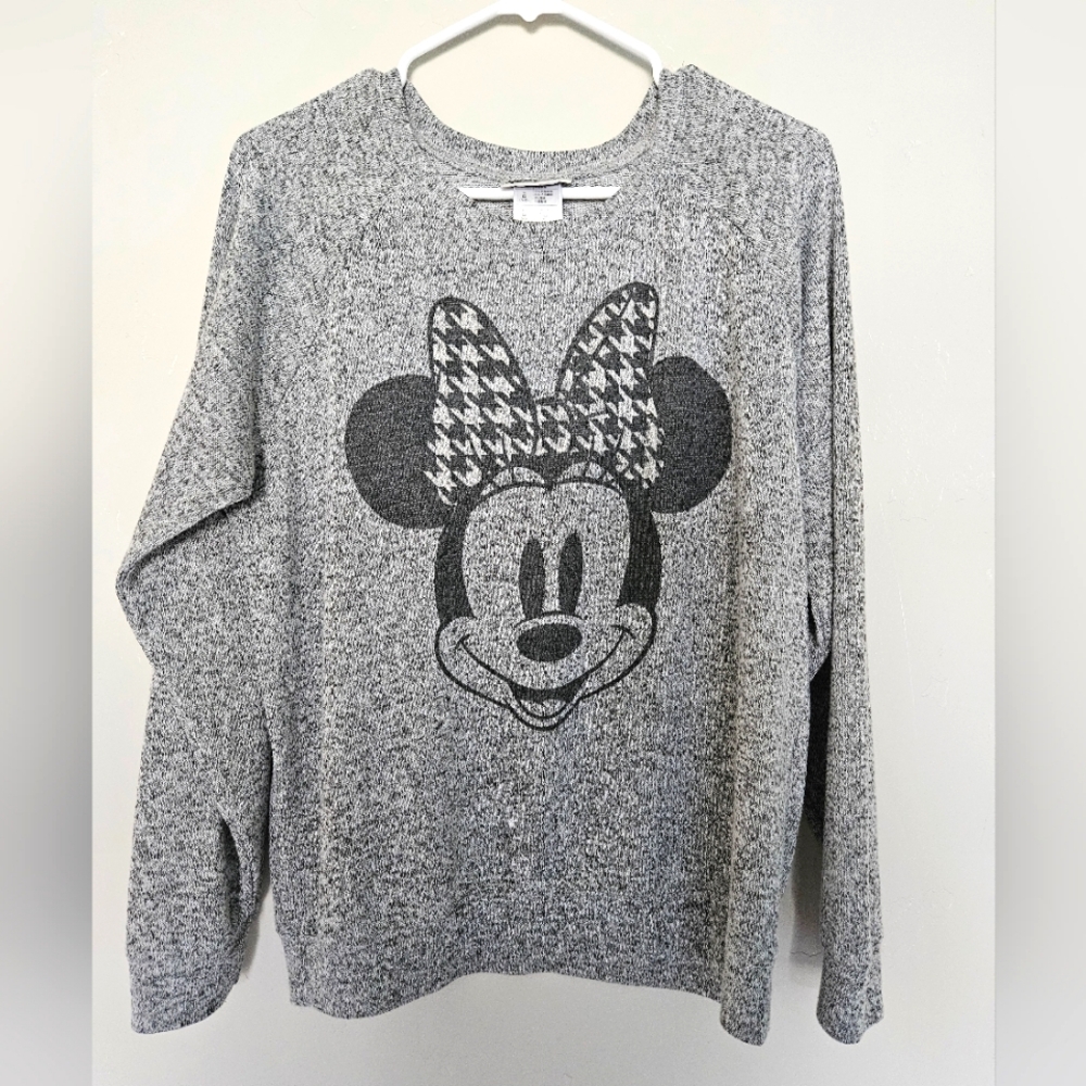 Minnie Mouse Sweater Womens L Herringbone Bow Black and White